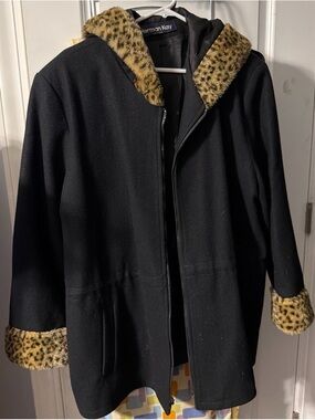 Leopard Trim Black Jacket by Herman Kay